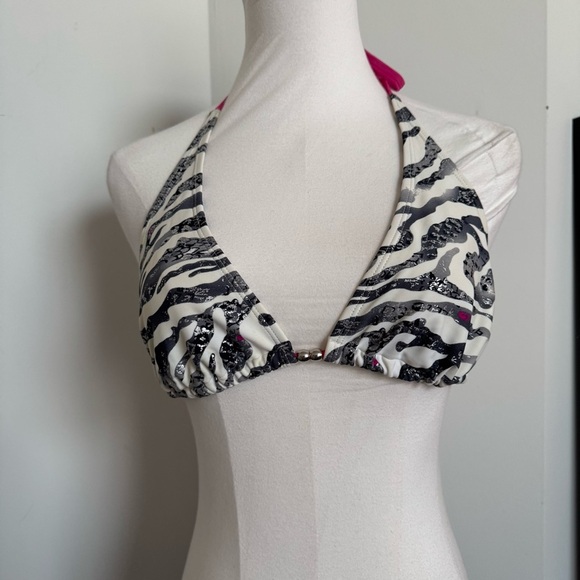 Y2K Zebra Print Halter Bikini Top L animal 90s glam - Picture 2 of 6
